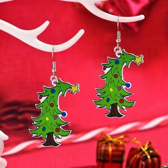Bending Christmas tree wooden earrings - Picture 1 of 2